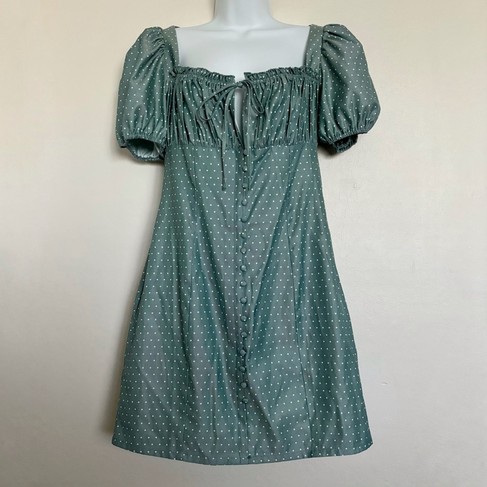 Eggie x UO Dahlia Mini Dress in Green Size Medium NEW Tie Front Puff Sleeves